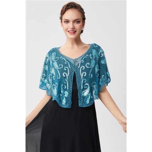 Shawl Wraps Sequin Beaded Cape Blue1